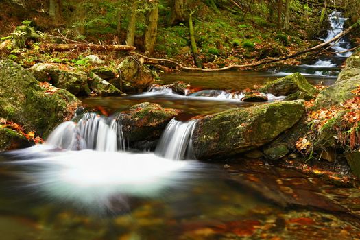 Beautiful colorful background with river and stones in autumn time. White Opava Waterfalls - Jeseniky Mountains - Czech Republic.