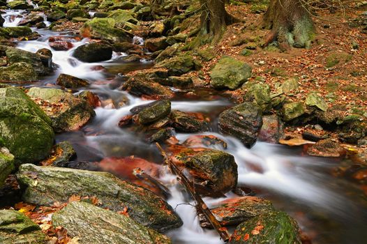 Beautiful colorful background with river and stones in autumn time. White Opava Waterfalls - Jeseniky Mountains - Czech Republic.