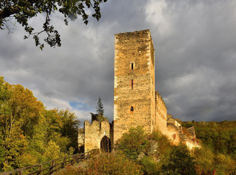 Beautiful autumn landscape in Austria with a nice old ruin of Kaja Castle. National Park Thaya Valley, Lower Austria. 