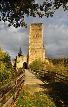 Beautiful autumn landscape in Austria with a nice old ruin of Kaja Castle. National Park Thaya Valley, Lower Austria. 