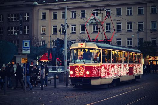 1 December 2019 Brno. Christmas holidays and a beautiful old tram in the city center of Brno.