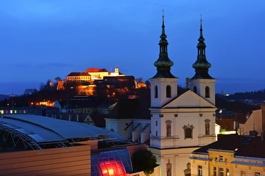 Beautiful old castle Spilberk on a hill in the center of Brno. Night photo with illuminated old architecture.