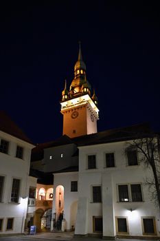 Beautiful tower of the old town hall in the city center of Brno on Christmas holidays.