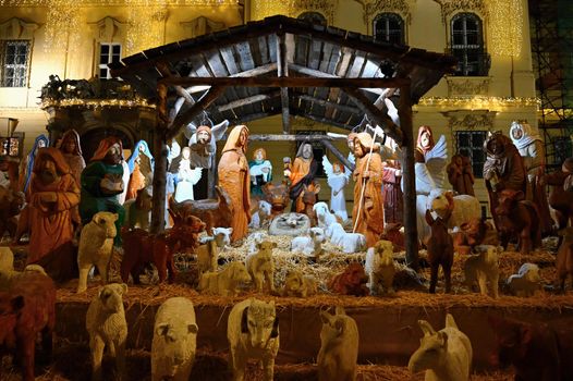 Beautiful nativity scene with baby Jesus. Traditional Christmas background of Christian holidays.