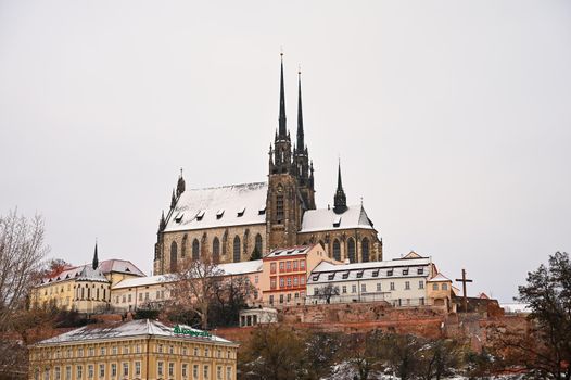 Cathedral of Saints Peter and Paul in Brno old city in the Czech Republic in winter. Europe.