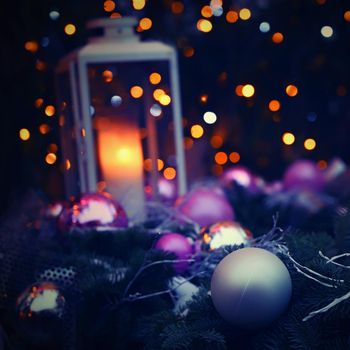 Beautiful colorful Christmas decorations. Background with Christmas tree.