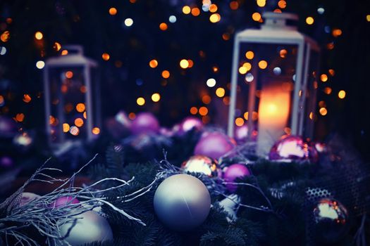 Beautiful colorful Christmas decorations. Background with Christmas tree.
