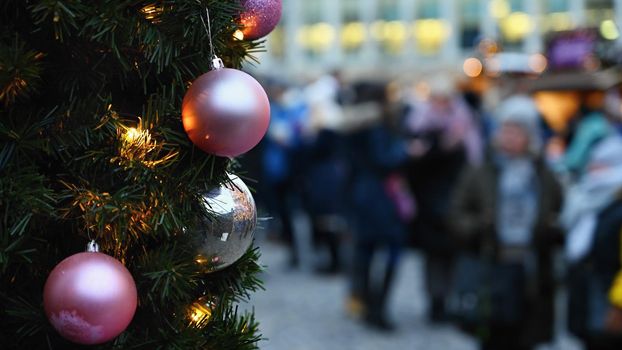Beautiful colorful Christmas decorations. Background with Christmas tree.