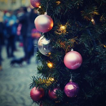 Beautiful colorful Christmas decorations. Background with Christmas tree.