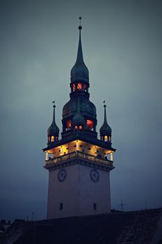 Beautiful tower of the old town hall in the city center of Brno on Christmas holidays.