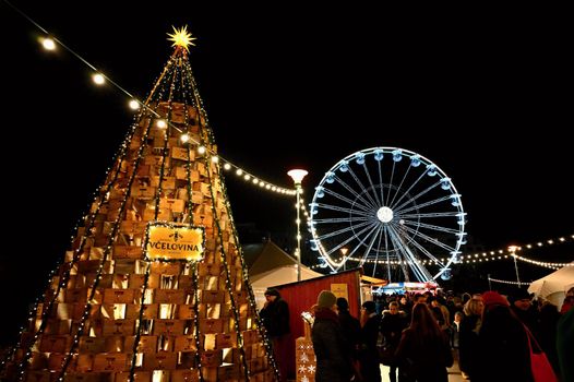 16 December 2018 Brno Czech Republic. Christmas markets in the city. Night photo with people on the street.