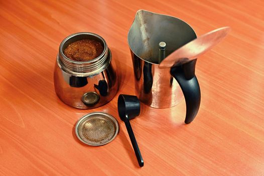 Moka coffee pot. Preparation of fresh good coffee at home.