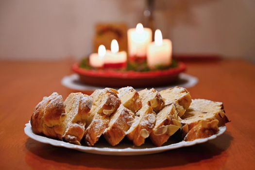 Christmas cake. Traditional Czech excellent sweet cake for the Christmas season. Decorated with almonds and sweaty.