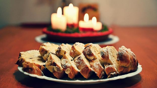 Christmas cake. Traditional Czech excellent sweet cake for the Christmas season. Decorated with almonds and sweaty.