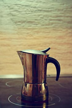 Moka coffee pot. Preparation of fresh good coffee at home.