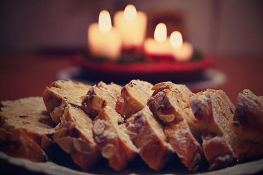 Christmas cake. Traditional Czech excellent sweet cake for the Christmas season. Decorated with almonds and sweaty.