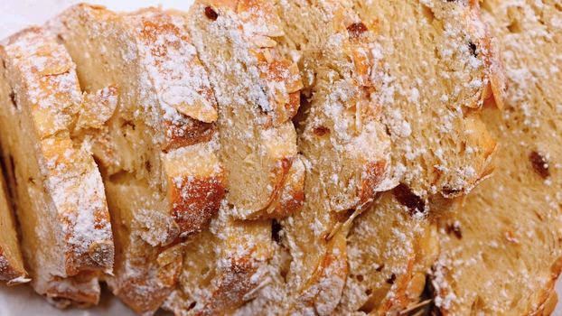 Christmas cake. Traditional Czech excellent sweet cake for the Christmas season. Decorated with almonds and sweaty.