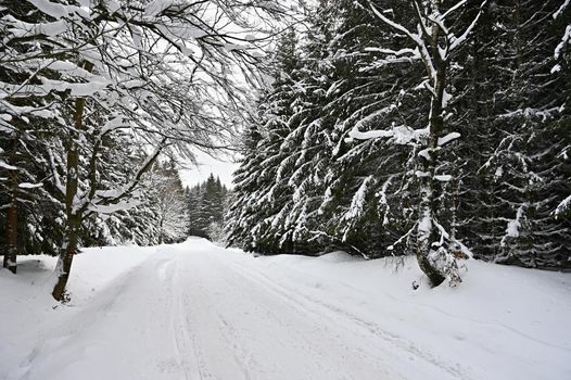 Road in winter. Snowy mountain path for a car. Concept for traveling and safe driving in winter by car.
