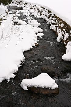 Winter stream with stones and snow. A beautiful winter concept for winter and frost.