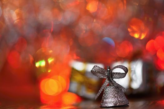 Christmas and New Year holidays abstract background, winter season. Christmas greeting card with ornaments and lights.