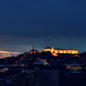 Spilberk Castle in winte. Brno, South Moravia, Czech Republic. Night photo of beautiful old architecture.