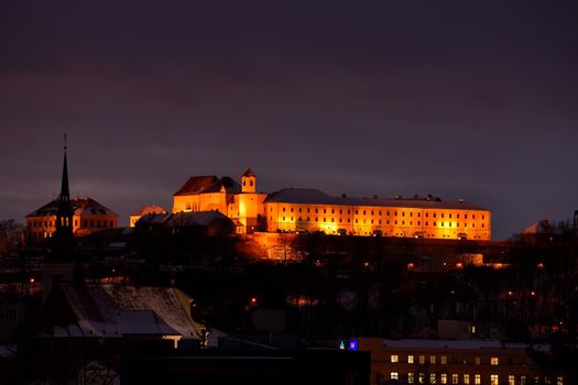 Spilberk Castle in winte. Brno, South Moravia, Czech Republic. Night photo of beautiful old architecture.