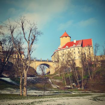 Winter landscape with a beautiful Gothic castle Veveri. Brno city - Czech Republic - Central Europe. 