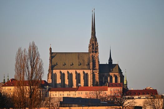 Petrov. Cathedral of Saints Peter and Paul in Brno old city in the Czech Republic in winter. Europe.