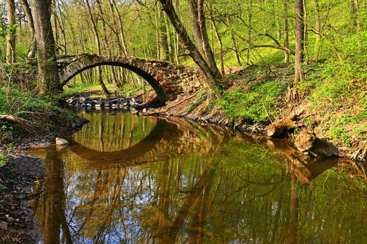 Beautiful old bridge over a stream in the woods. Natural green background from spring forest.