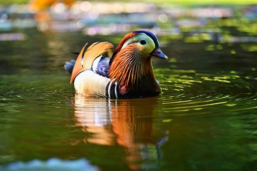 Beautiful mandarin ducks. Animals in the wild. Natural colorful background.