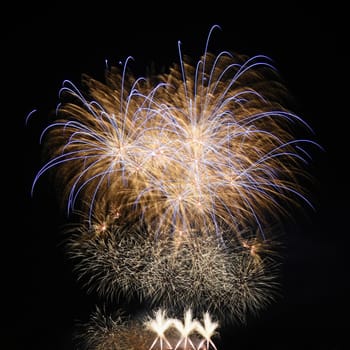Beautiful colorful fireworks with reflections in water. Brno dam, the city of Brno-Europe. International Fireworks Competition.