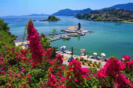 Corfu island. (Kerkyra) Greece. Beautiful Vlacherna Monastery and Mouse island. (Pontikonisi) Beautiful colorful island for summer holidays/vacation and travel.