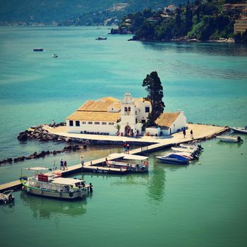 Beautiful Vlacherna Monastery and Mouse island.(Pontikonisi) Corfu - Kerkyra. Greece. Beautiful colorful island for summer holidays and travel.