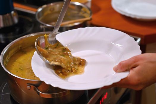 Taking soup into a plate. Delicious homemade mushroom soup served in a plate.