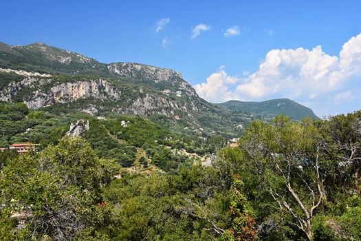 Beautiful Paleokastrica beach landscape on Corfu, Kerkyra, Greece. Beautiful colorful island for summer holidays and travel.