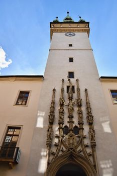 The city of Brno. - Czech Republic - Europe. Gate of the Old City Hall. A photo of the beautiful old architecture and tourist attraction with a lookout tower. Tourist Information Center.