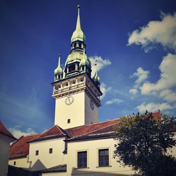 The city of Brno. - Czech Republic - Europe. Gate of the Old City Hall. A photo of the beautiful old architecture and tourist attraction with a lookout tower. Tourist Information Center.