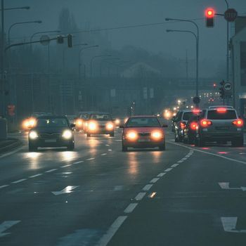 Cars in the fog. Bad winter weather and dangerous automobile traffic on the road. Light vehicles in foggy day.