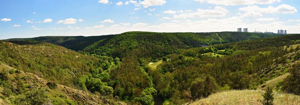 Mohelen's horseshoe step. Landscape with forests and nuclear power plant Dukovany. Panoramic photo.