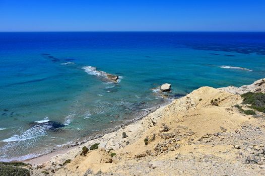 Beautiful beach with sea in tourist resort. Greece island Kos. Beautiful concept for summer vacation. Natural colorful background.