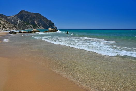Beautiful beach with sea in tourist resort. Greece island Kos. Beautiful concept for summer vacation. Natural colorful background.