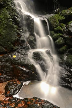 Nature - beautiful small waterfall on the creek. Natural colorful background with running water over stones in the forest.