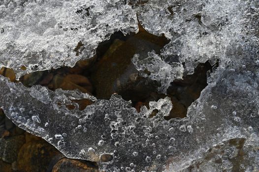 Macro shot of ice on a creek. Natural winter background.