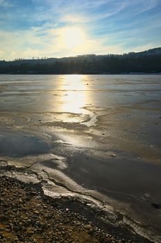 Winter landscape with frozen water. Brno Reservoir - dam. Czech Republic Europe.