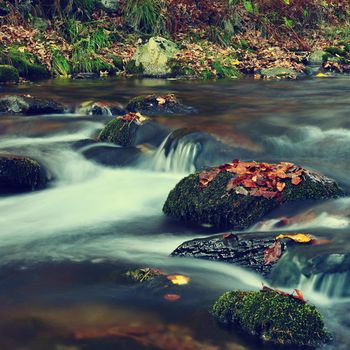 Beautiful colorful background with river and stones in autumn time. White Opava Waterfalls - Jeseniky Mountains - Czech Republic.