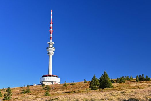 Highest Peak of Moravia, Praded 1492 m. Transmitter and lookout tower on the hill. Jeseniky Mountains Czech Republic