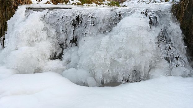 Frozen stream. Beautiful winter nature background. Frost, ice and snow in the winter.