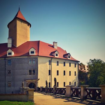 Beautiful Gothic castle Veveri. The city of Brno at the Brno dam. South Moravia - Czech Republic - Central Europe.