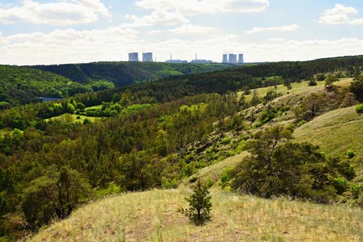 Nuclear power plant Dukovany. Czech Republic, Europe. Landscape with forests and valleys.