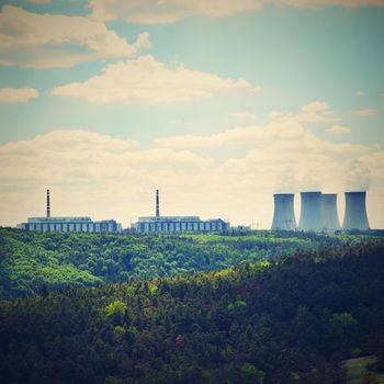 Nuclear power plant Dukovany. Czech Republic, Europe. Landscape with forests and valleys.